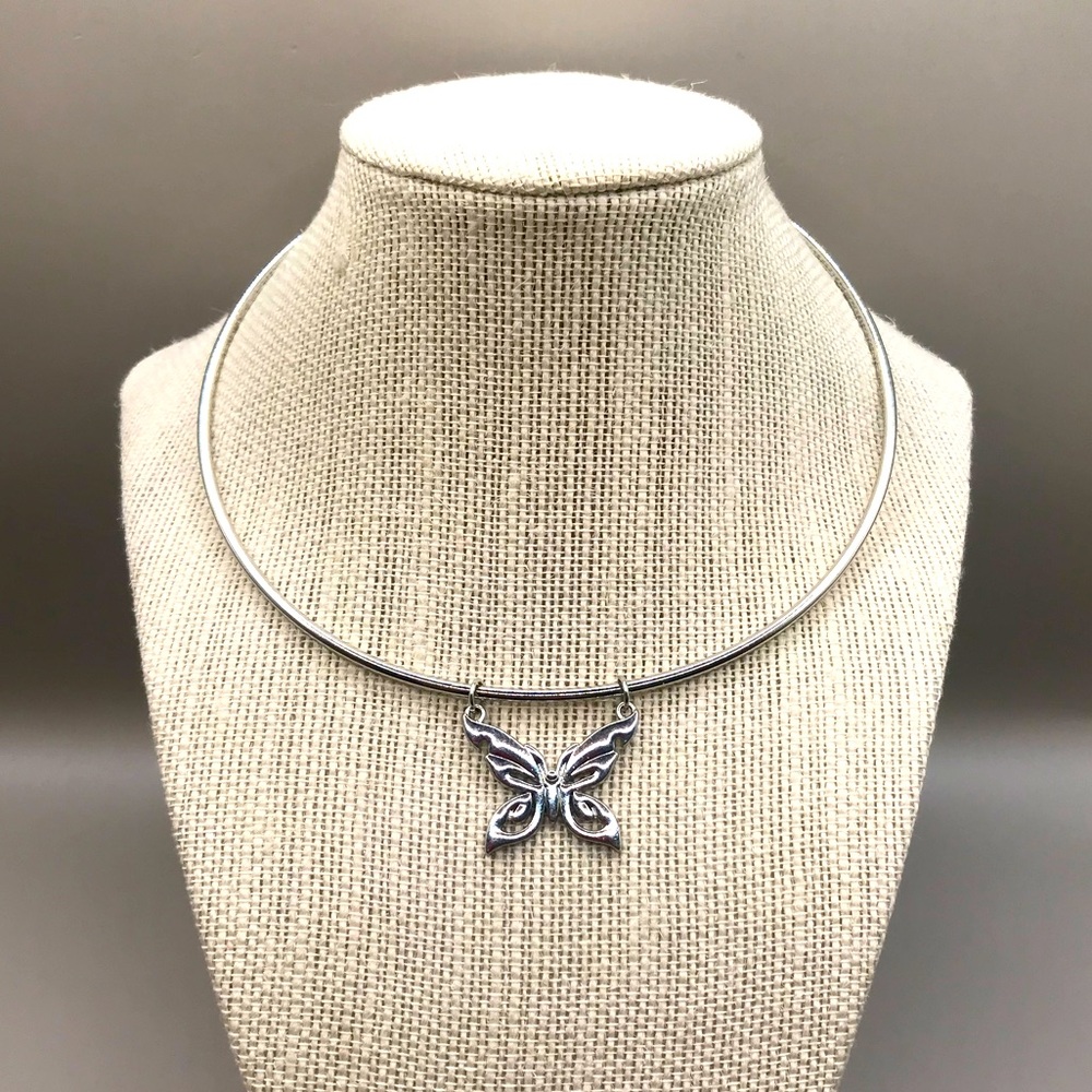 Elegant Silver-Tone Butterfly Pendant Torque Necklace